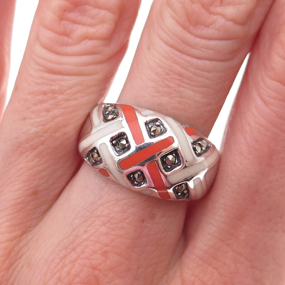 925 Sterling Silver Vintage Enamel Real Marcasite Oxidized Ring Size 10